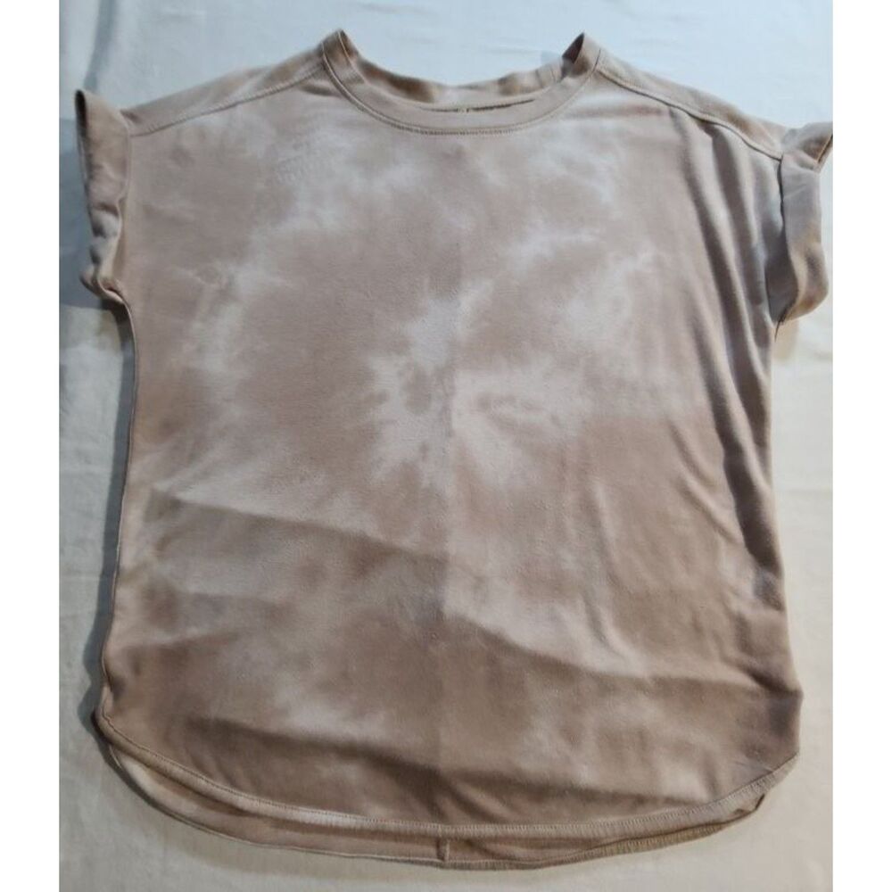 Cupio L Beige Marbled Knit Top Cap Sleeve High Low Hem Stretch Shirt